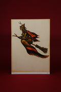 Illustration of a witch flying on a broomstick on a beige background