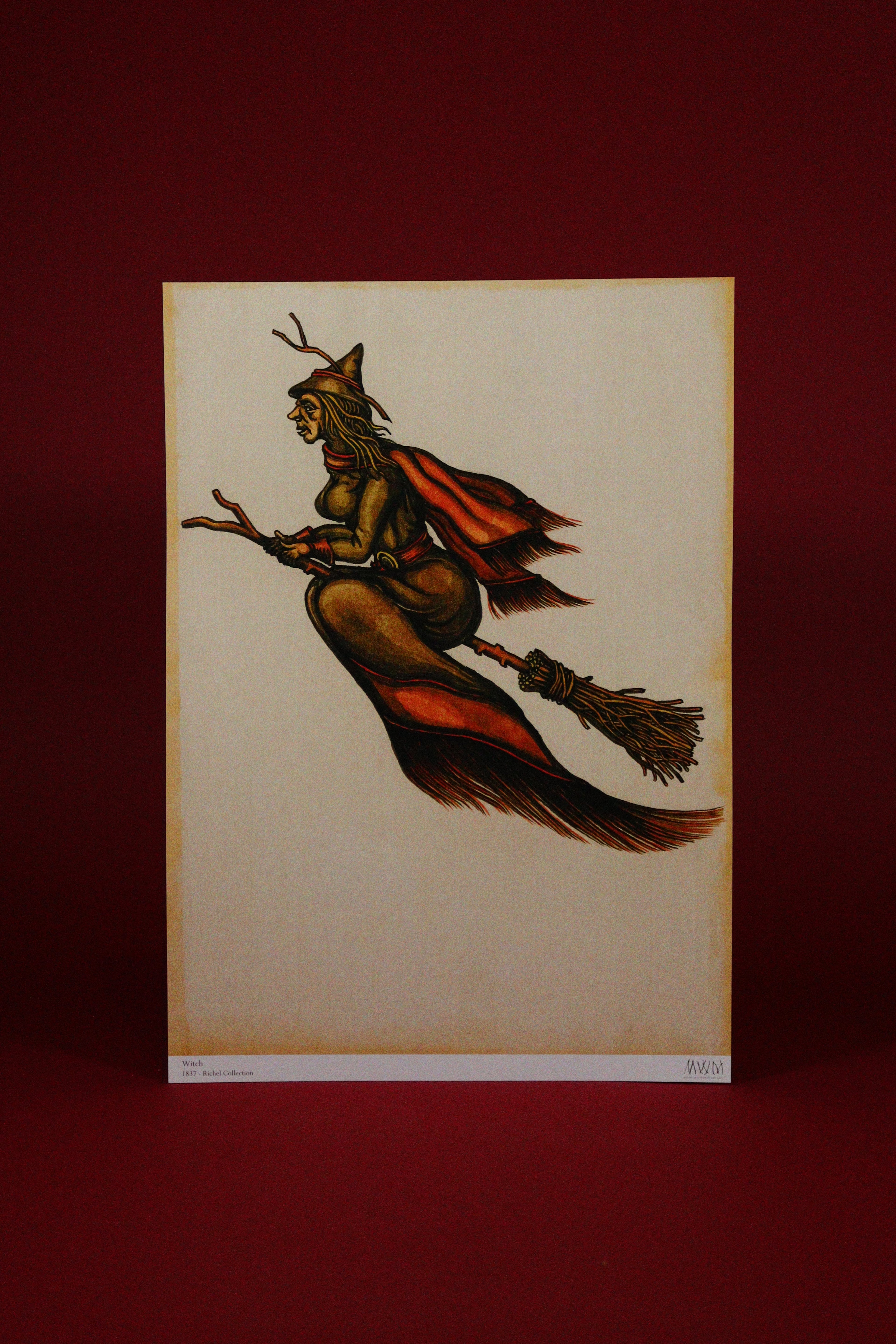 Illustration of a witch flying on a broomstick on a beige background