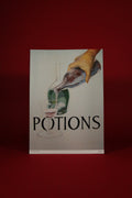 Poster of a hand pouring potion into a glass with 'Potions' text on a red background