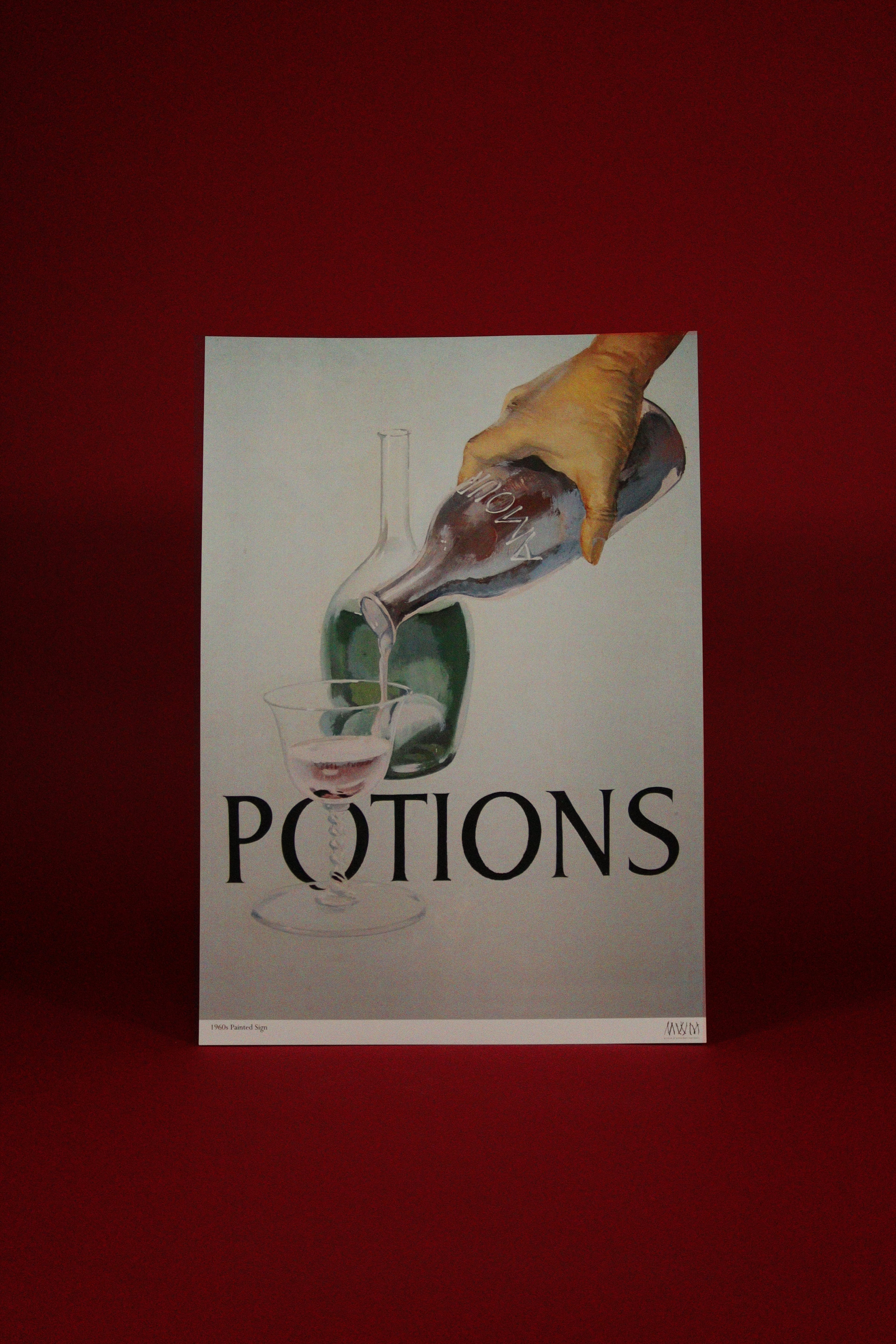 Poster of a hand pouring potion into a glass with 'Potions' text on a red background