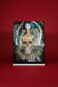 Poster with the words 'The Witches Lamp' with a skull and greenery design on a red background