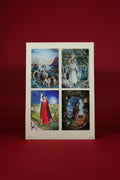 Artwork with four seasonal scenes on a red background