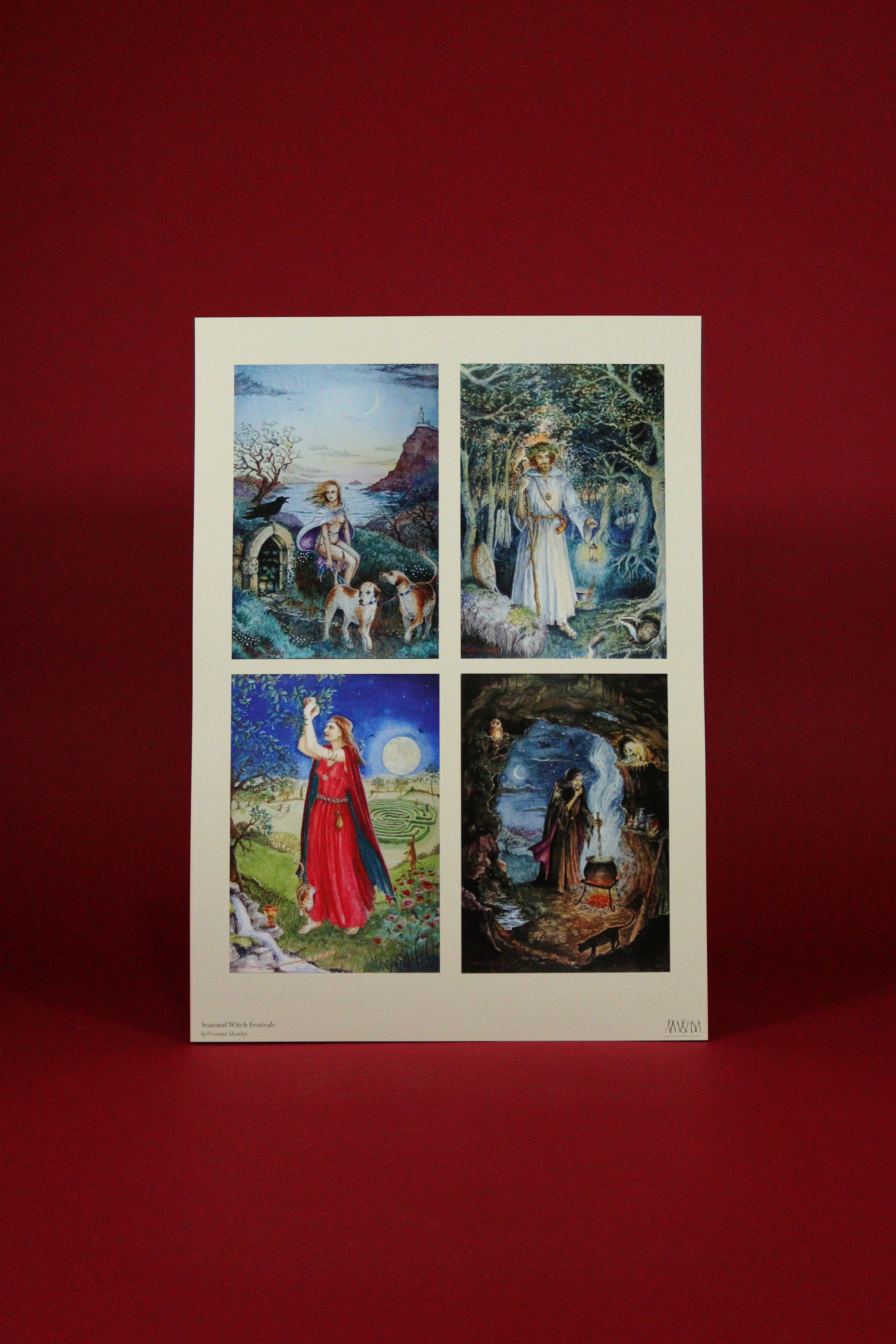 Artwork with four seasonal scenes on a red background