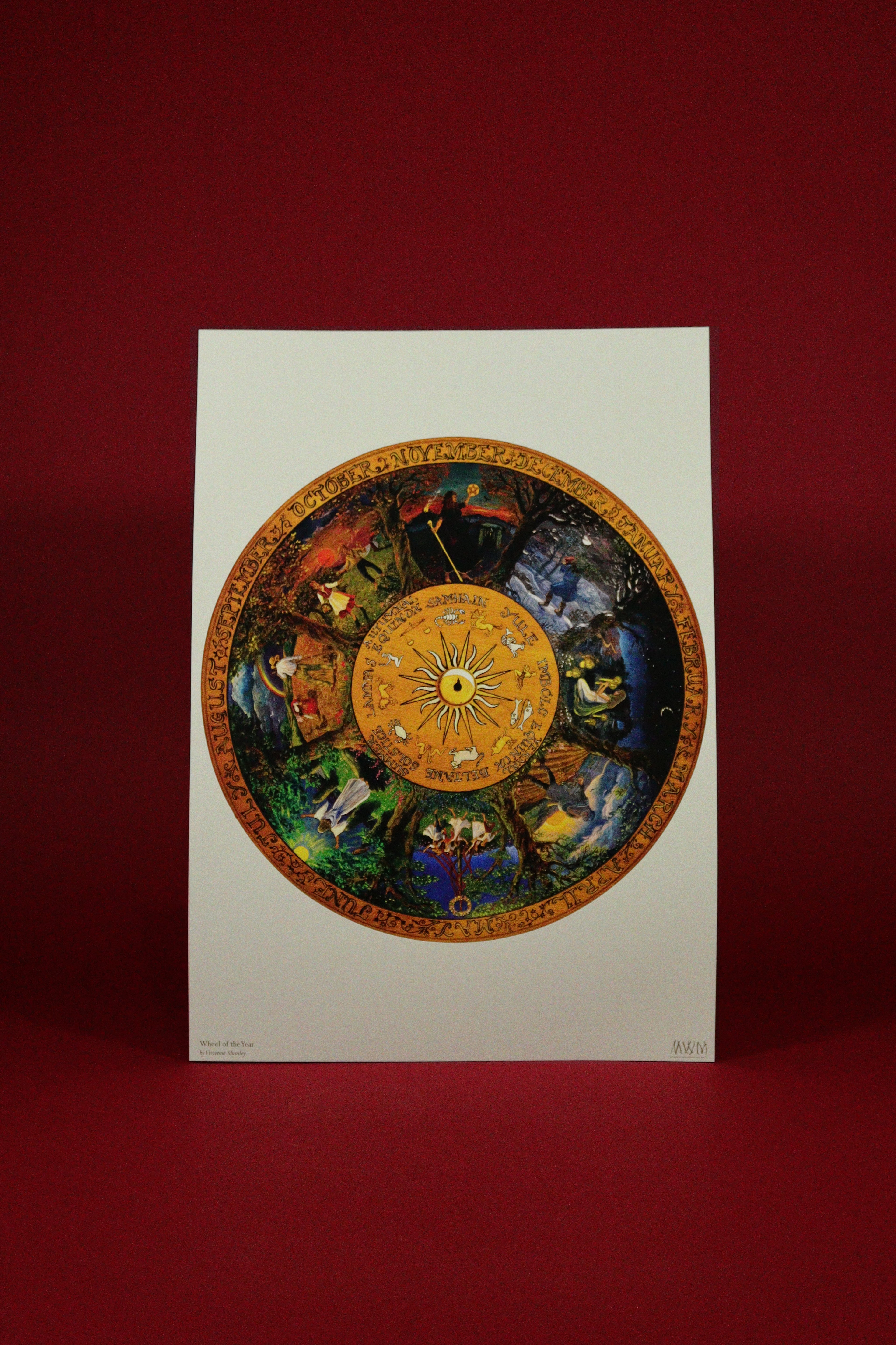 Decorative circular design on a white card with a red background