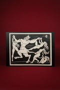 Print of a classical scene with figures on a red background