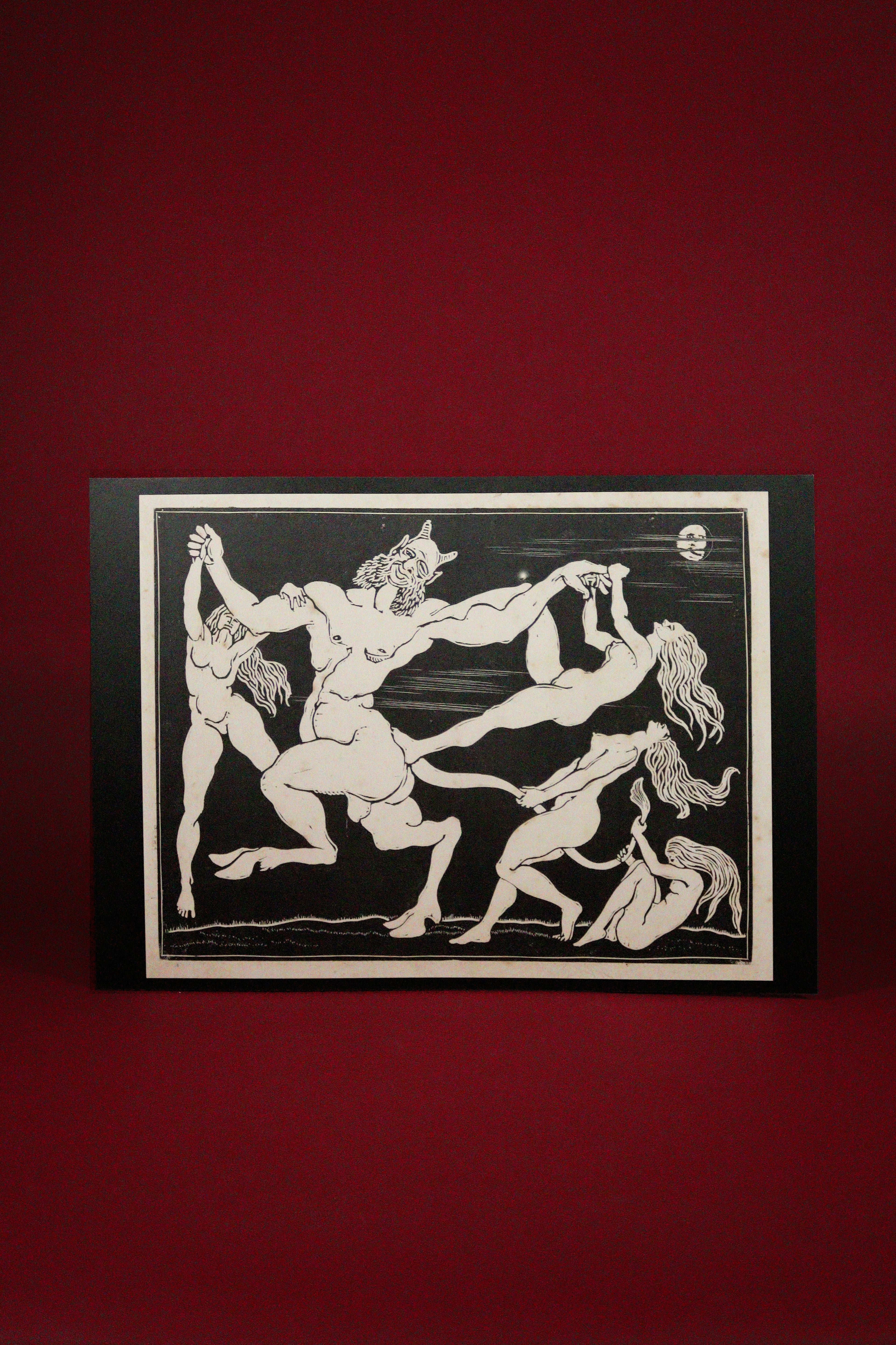 Print of a classical scene with figures on a red background