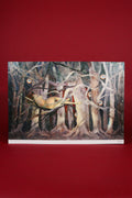 Artistic depiction of a woman in a forest on a red background