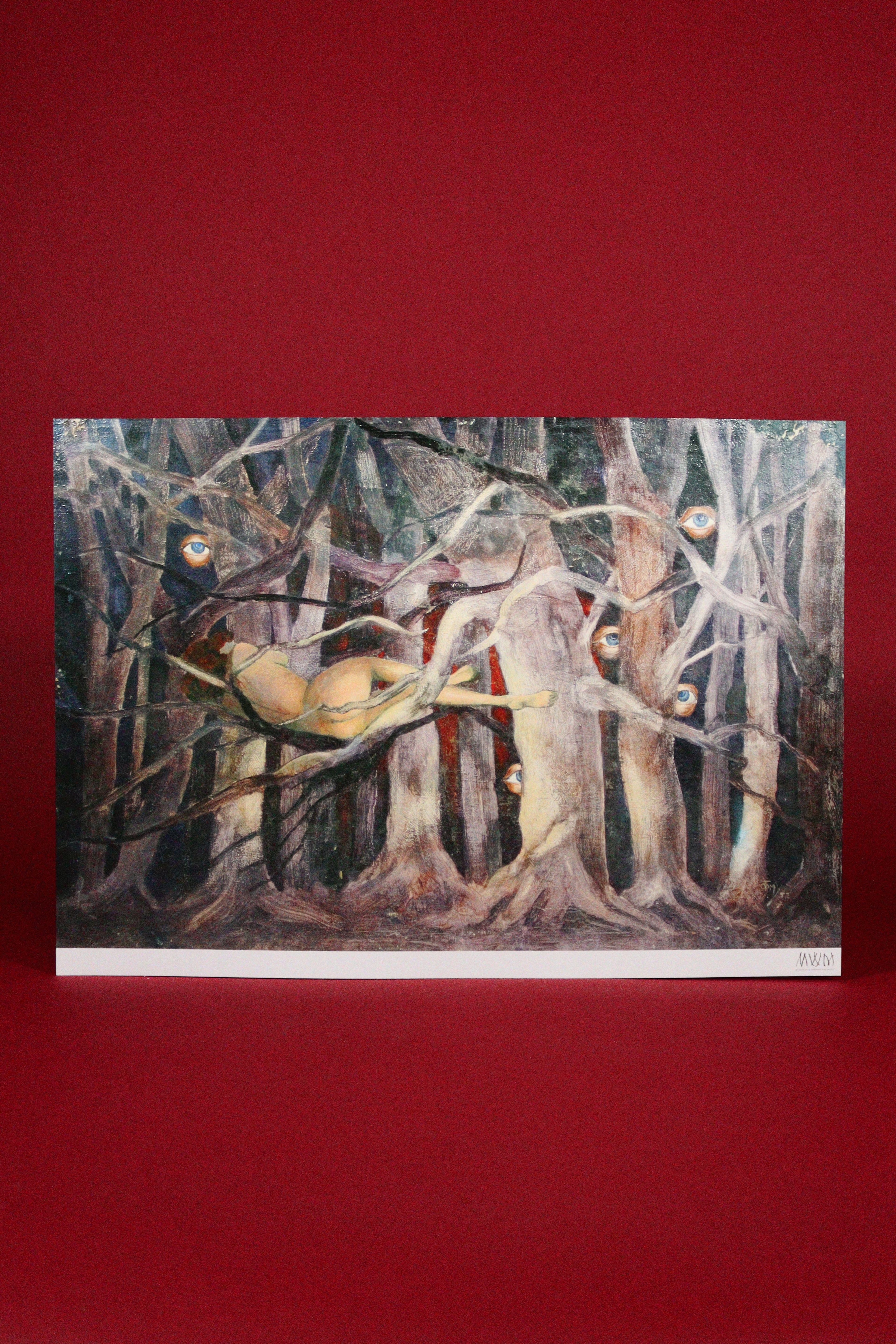 Artistic depiction of a woman in a forest on a red background