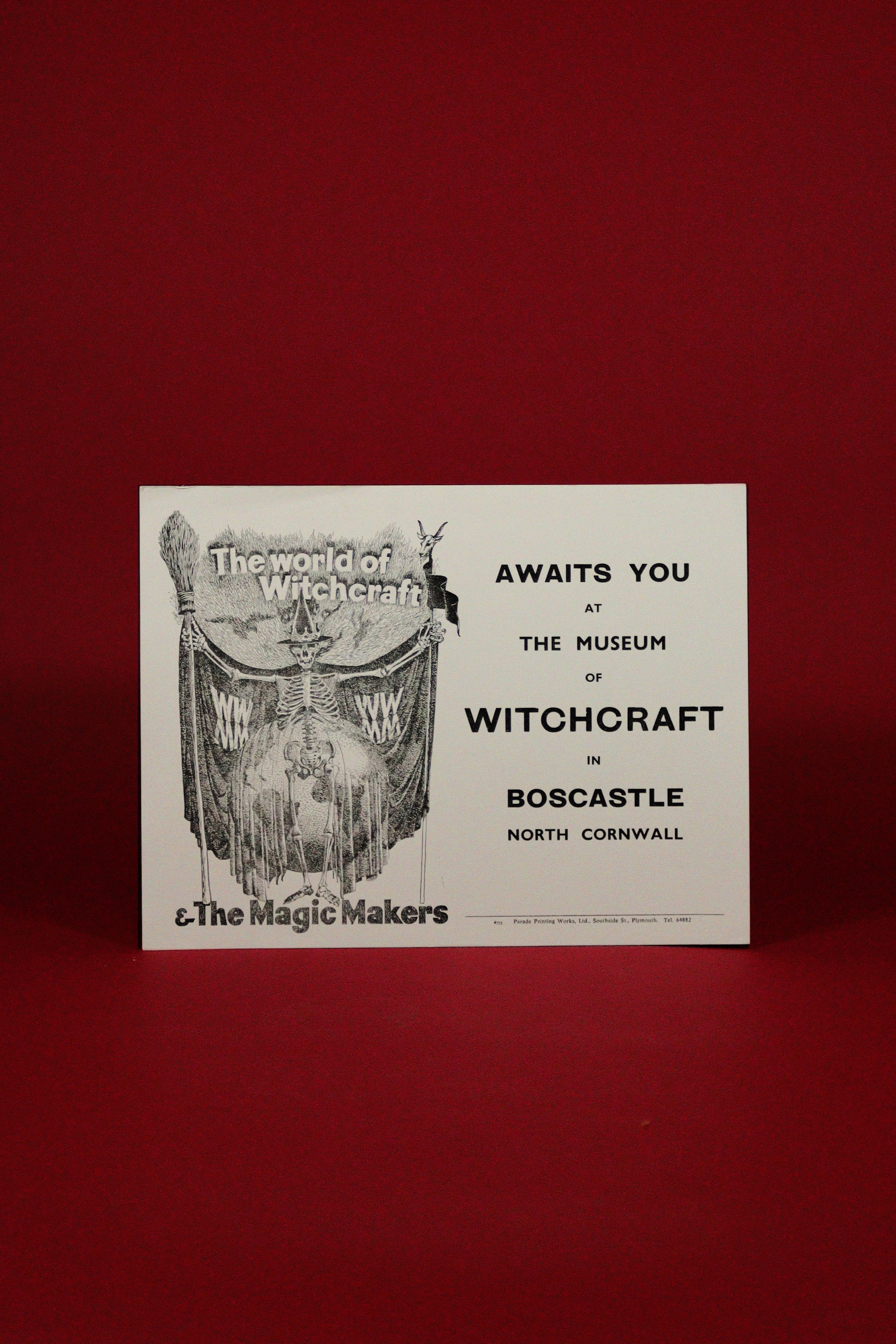 Advertisement for the Museum of Witchcraft in Boscastle, North Cornwall on a red background.