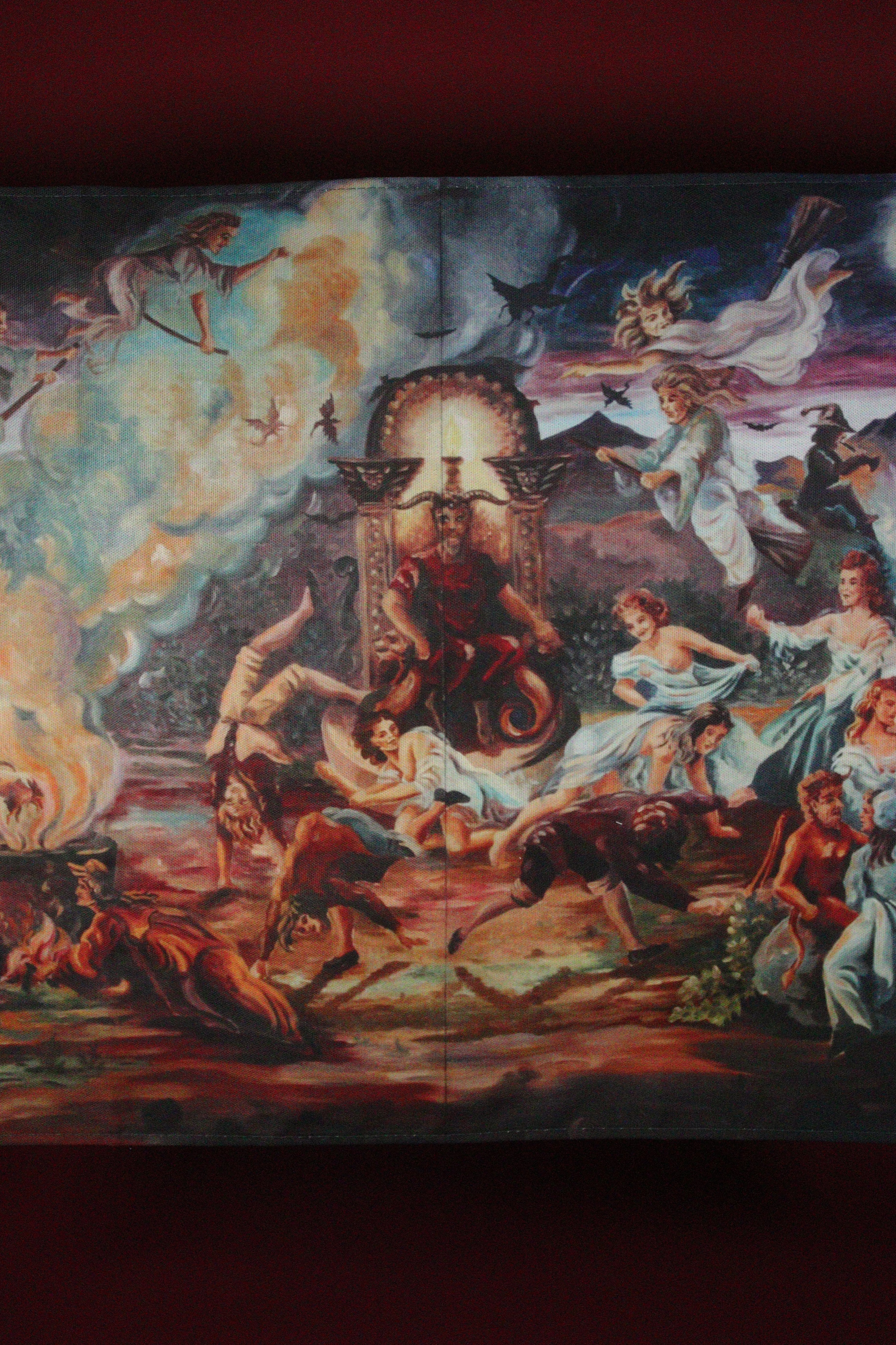 Decorative tapestry with mythological scene featuring figures and animals.