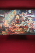 Decorative tablecloth with a colorful scene of people and animals on a red background