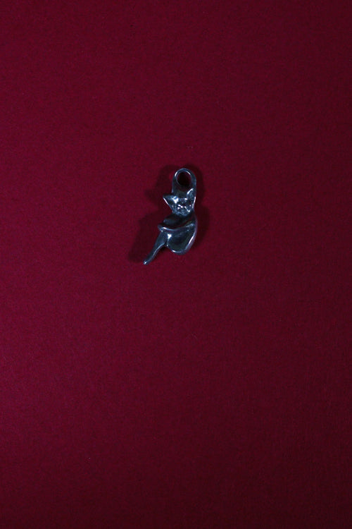 Small silver pisky charm on a red background