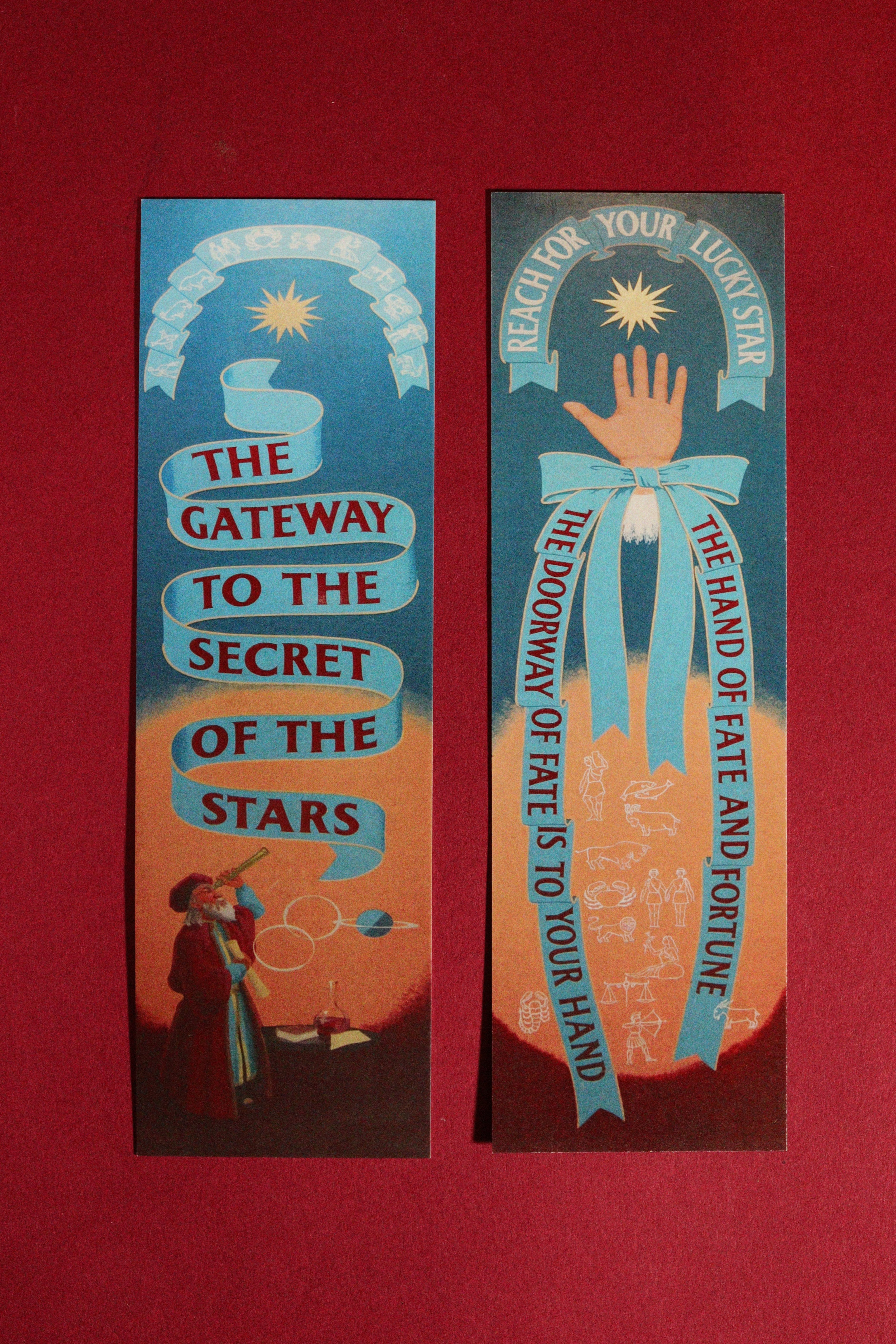 Two vintage-style bookmarks with text and illustrations on a red background