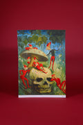 Greeting card with red fairy-like figures on a skull and mushroom against a red background